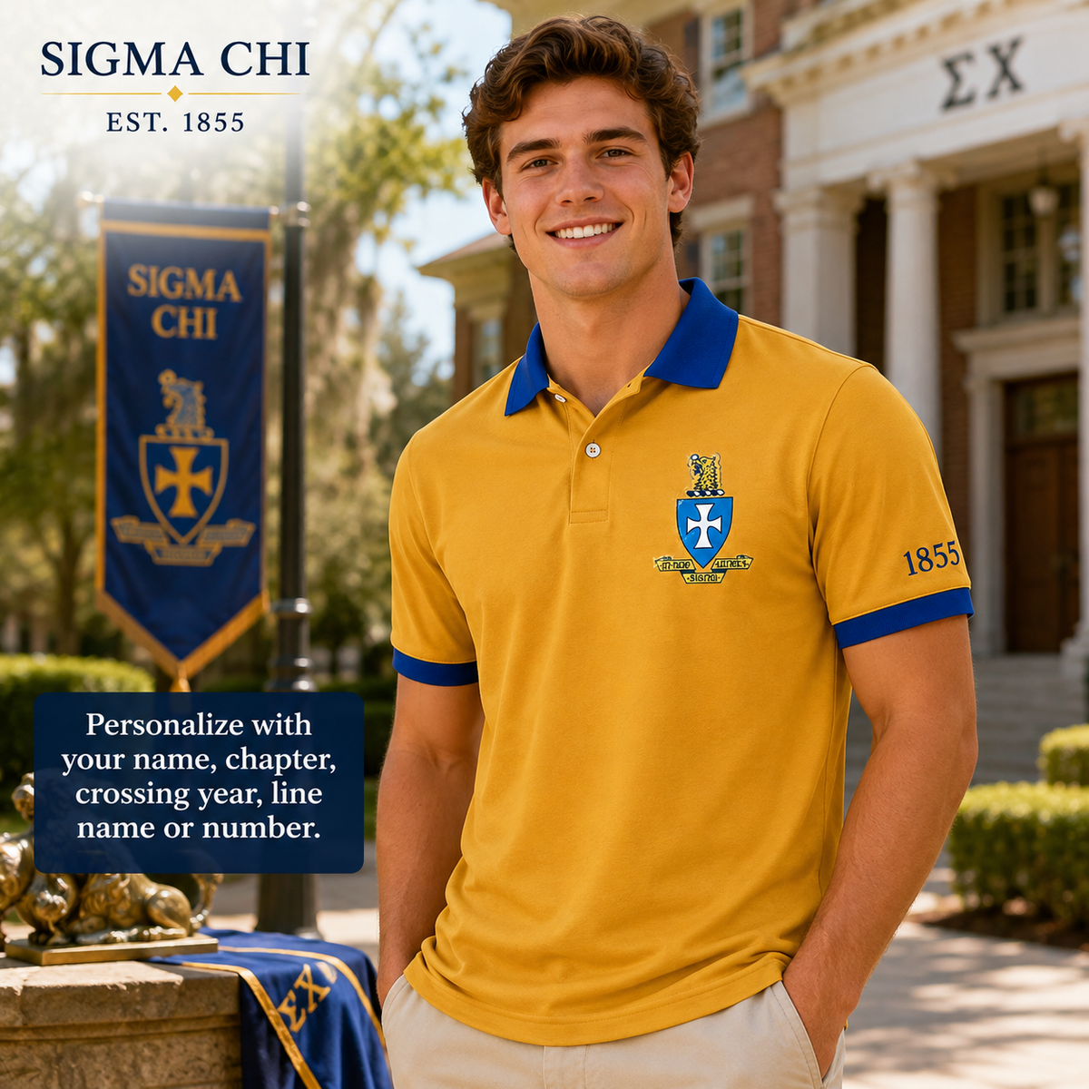 2 Tone Old Gold & Blue Sigma Chi Custom Embroidered Polo Shirt – Personalized