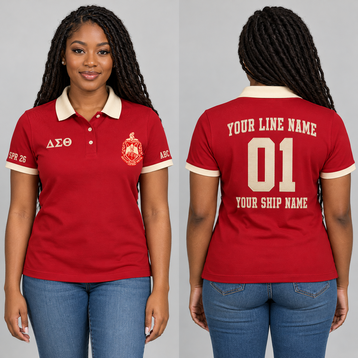 Delta Sigma Theta Crimson and Cream personalized chapter polo on an adult model, supplied original crest and ΔΣΘ letters, sample line name, 01, ship name and sleeve text.