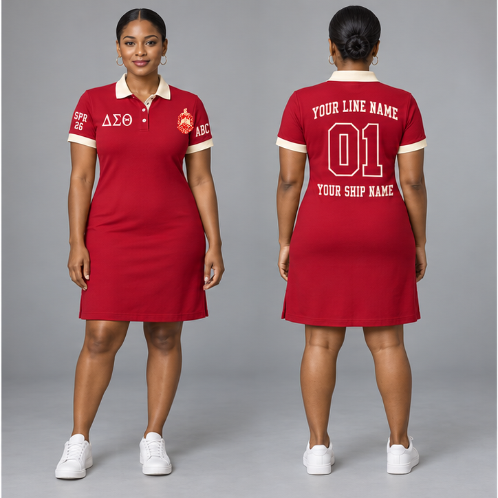 Delta Sigma Theta Crimson and Cream personalized polo dress on an adult model, original supplied crest and ΔΣΘ letters, sample line name, line number 01, ship name, crossing year and chapter initials.
