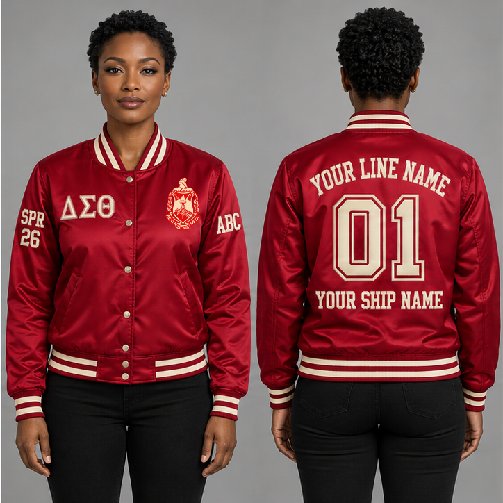 Delta Sigma Theta Crimson and Cream personalized satin line jacket on an adult model, original supplied crest and ΔΣΘ letters, sample line name, line number 01, ship name, crossing year and chapter initials.