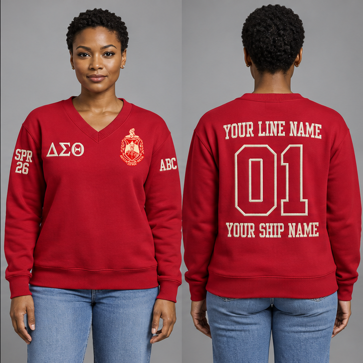 Delta Sigma Theta Crimson V-neck sweatshirt on an adult model with Cream Greek letters ΔΣΘ, original supplied crest, sample line name, number 01 and ship name, crossing year and chapter initials on sleeves.
