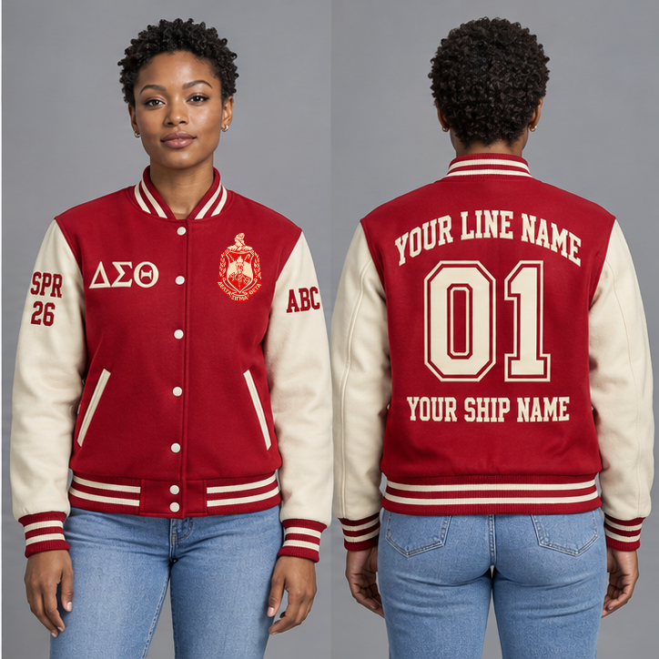 Delta Sigma Theta Crimson and Cream personalized wool varsity jacket on an adult model, original supplied crest and ΔΣΘ letters, sample line name, line number 01, ship name, crossing year and chapter initials.