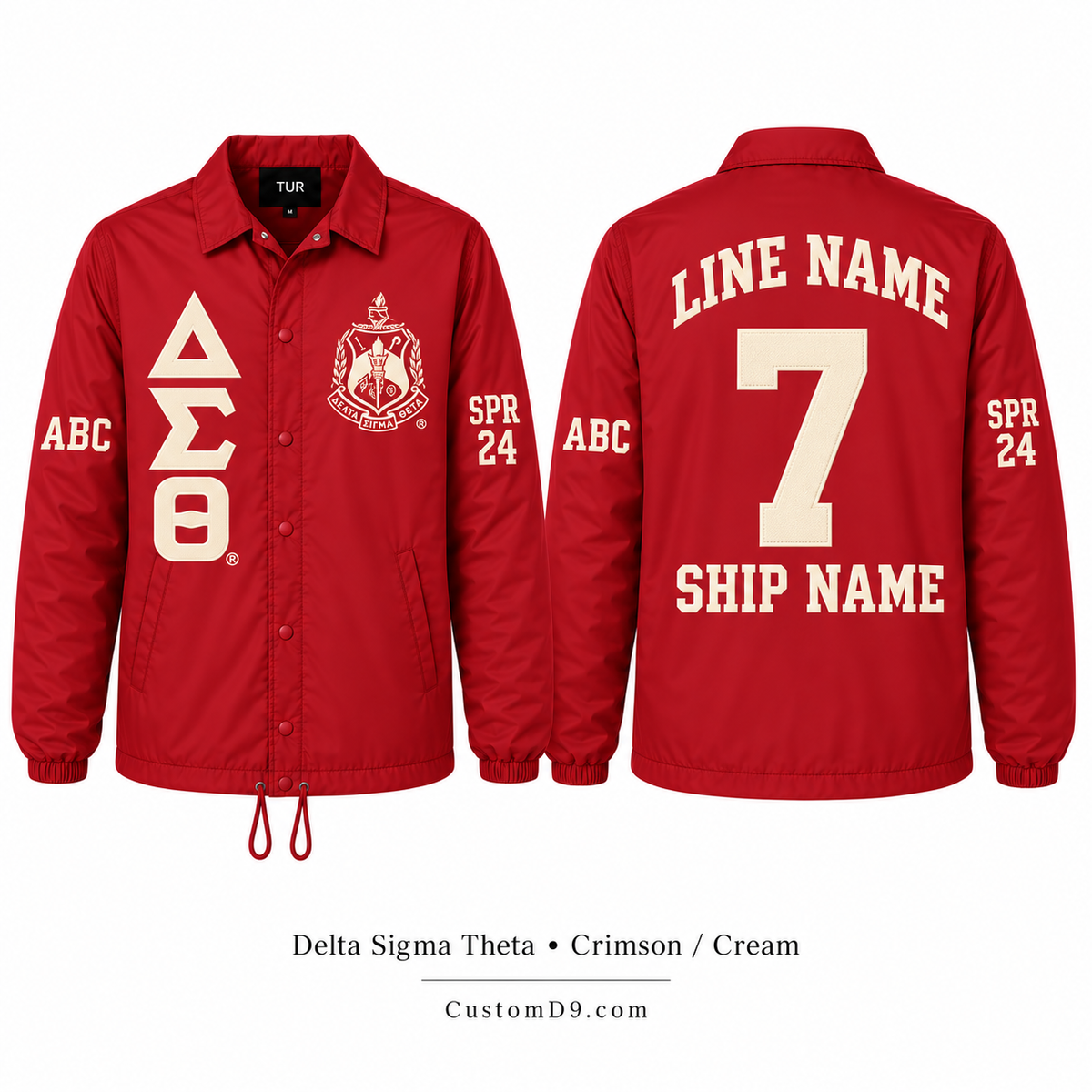 Delta Sigma Theta crimson custom line jacket front and back with crest, letters, line name, number, ship name and sleeve details