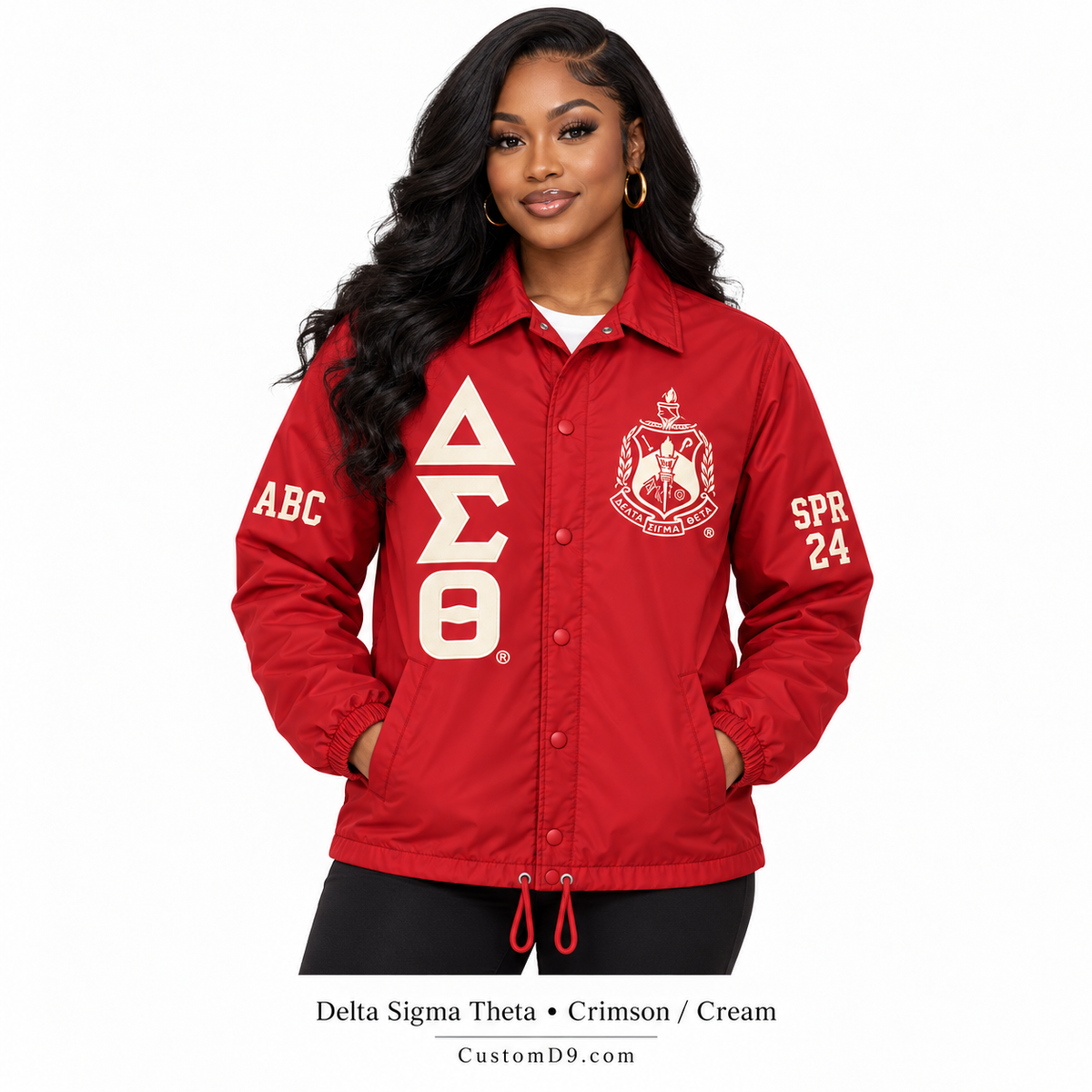 Model wearing crimson Delta Sigma Theta custom line jacket