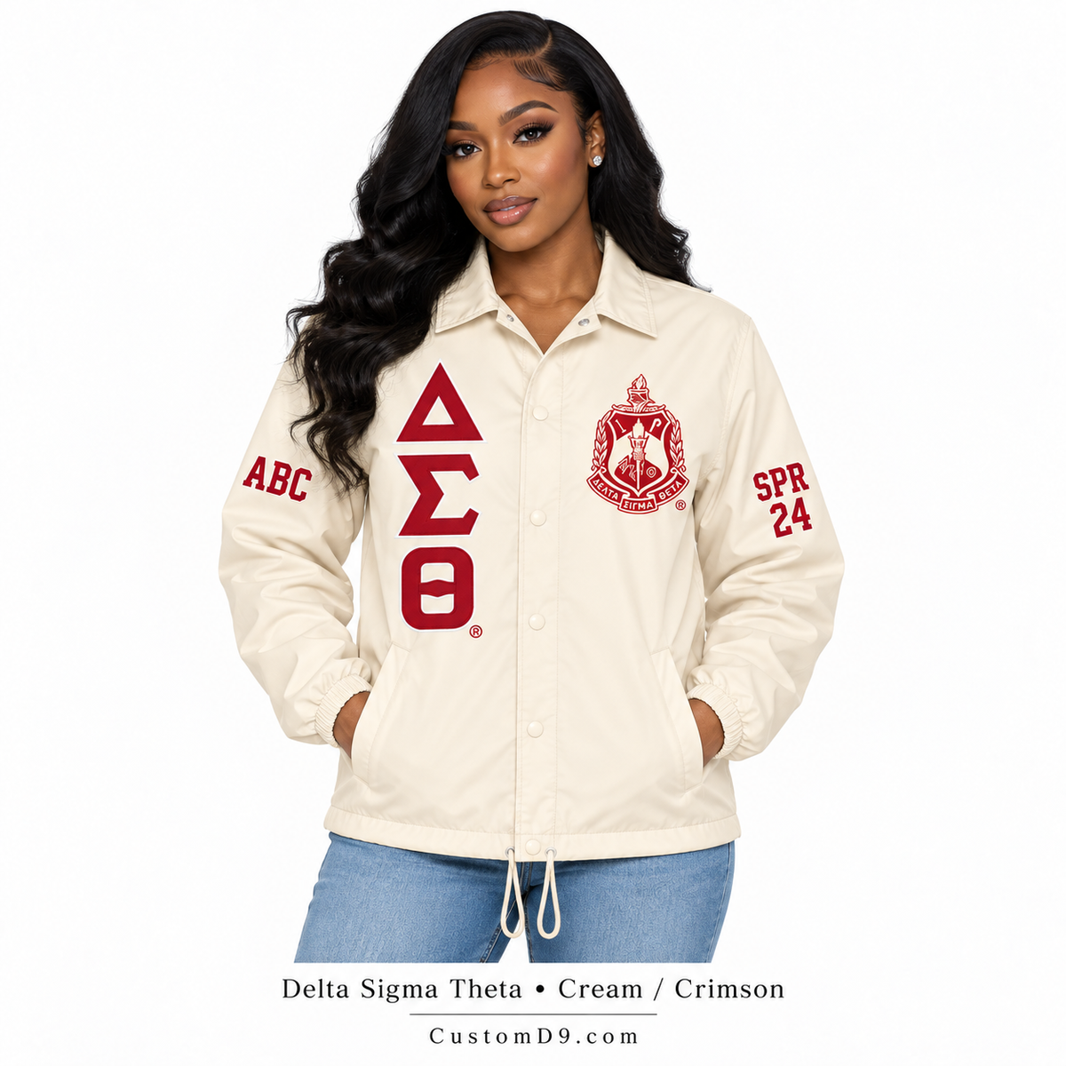 Model wearing cream Delta Sigma Theta custom line jacket