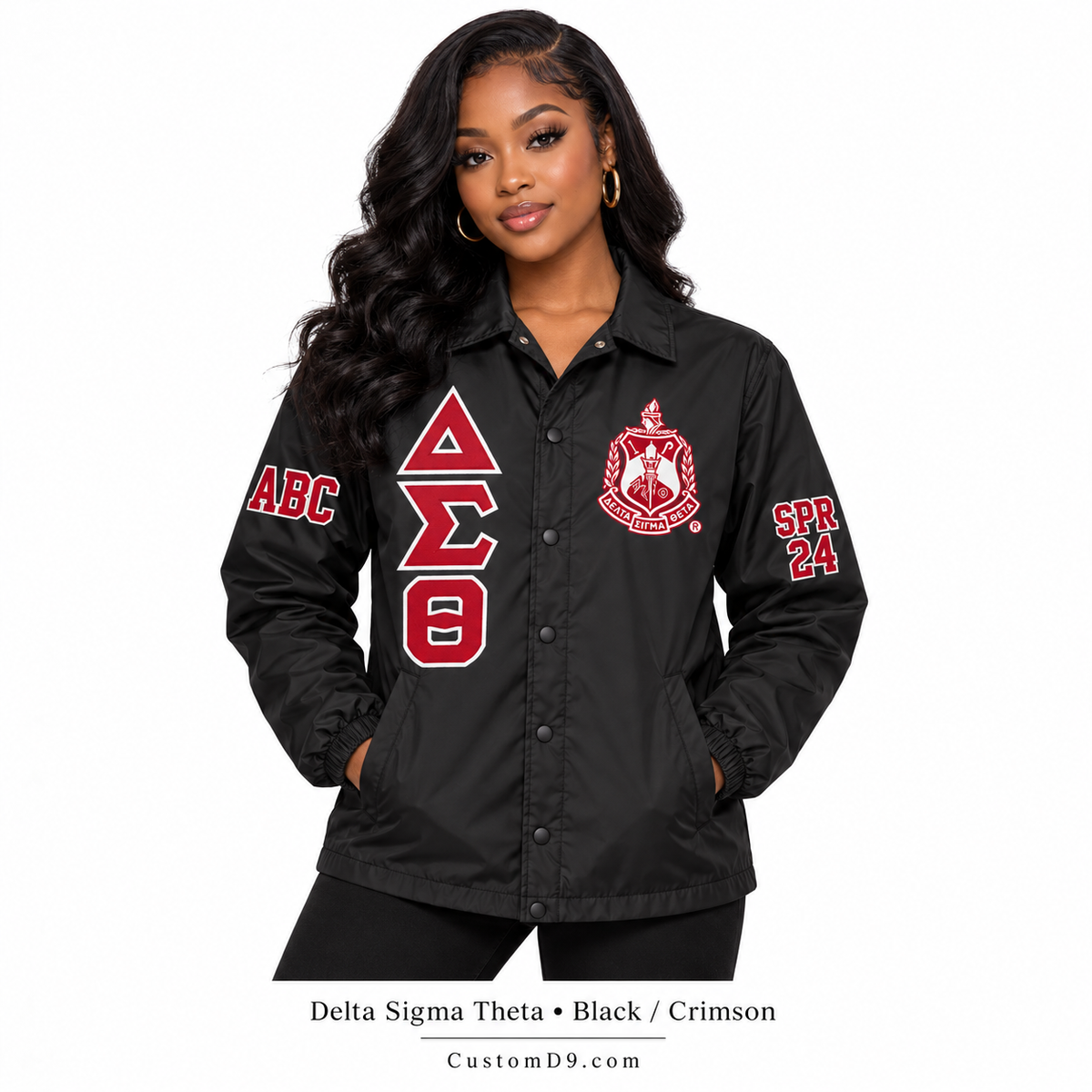 Model wearing white Delta Sigma Theta custom line jacket