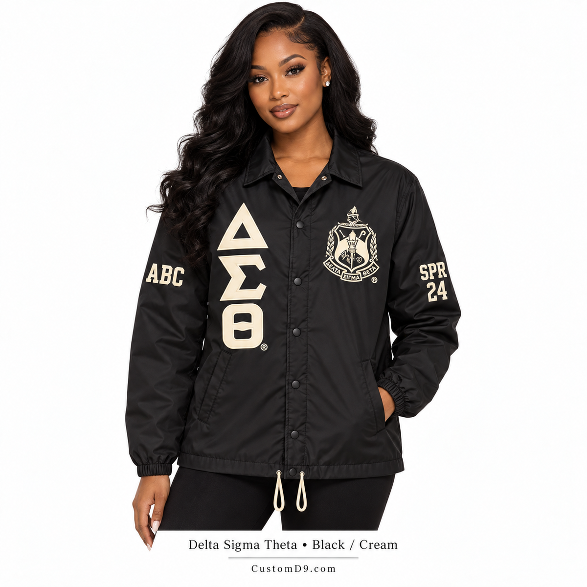 Model wearing black Delta Sigma Theta custom line jacket