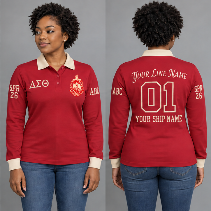 Delta Sigma Theta long sleeve polo in Crimson and Cream on an adult model, original crest and ΔΣΘ letters, sample line name, line number 01, ship name and sleeve personalization.
