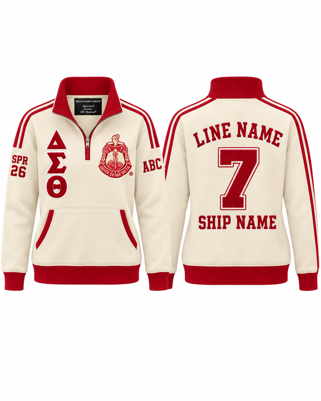 Delta Sigma Theta cream and crimson custom embroidered quarter zip pullover front and back