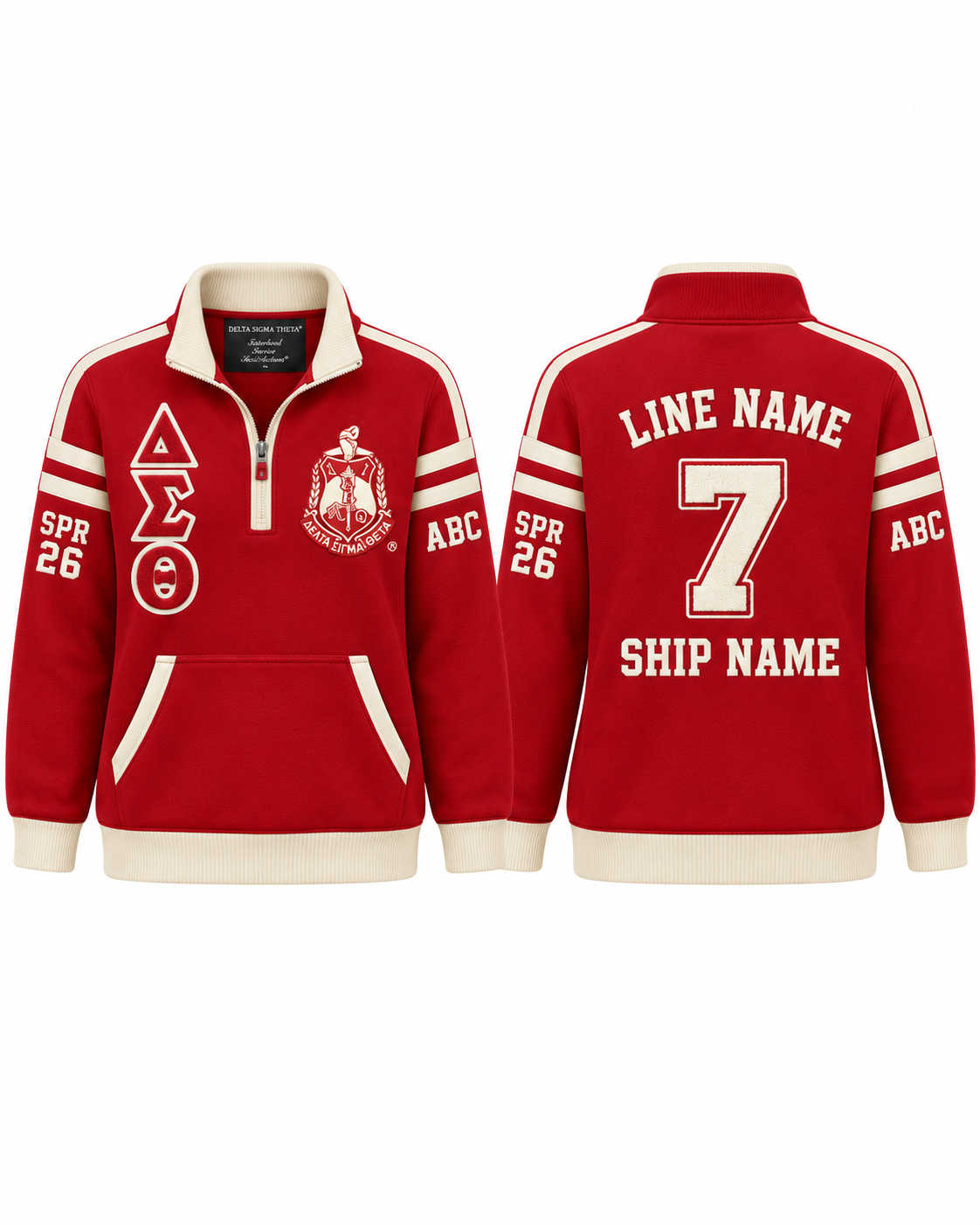 Delta Sigma Theta crimson and cream custom embroidered quarter zip pullover front and back
