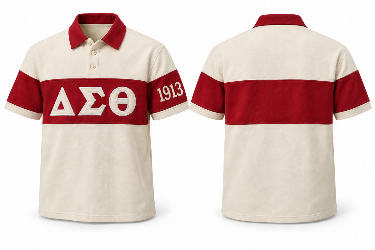 Delta Sigma Theta cream and crimson sewn-panel rugby polo front and back