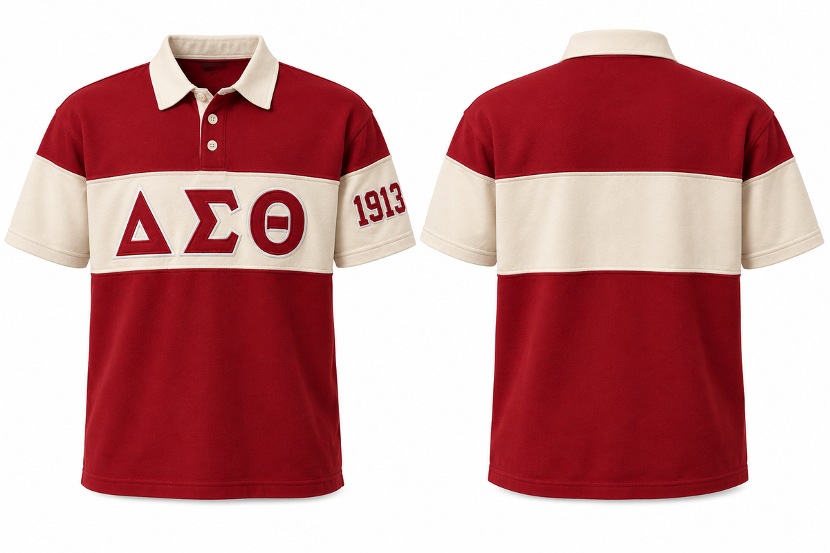 Delta Sigma Theta crimson and cream sewn-panel rugby polo front and back