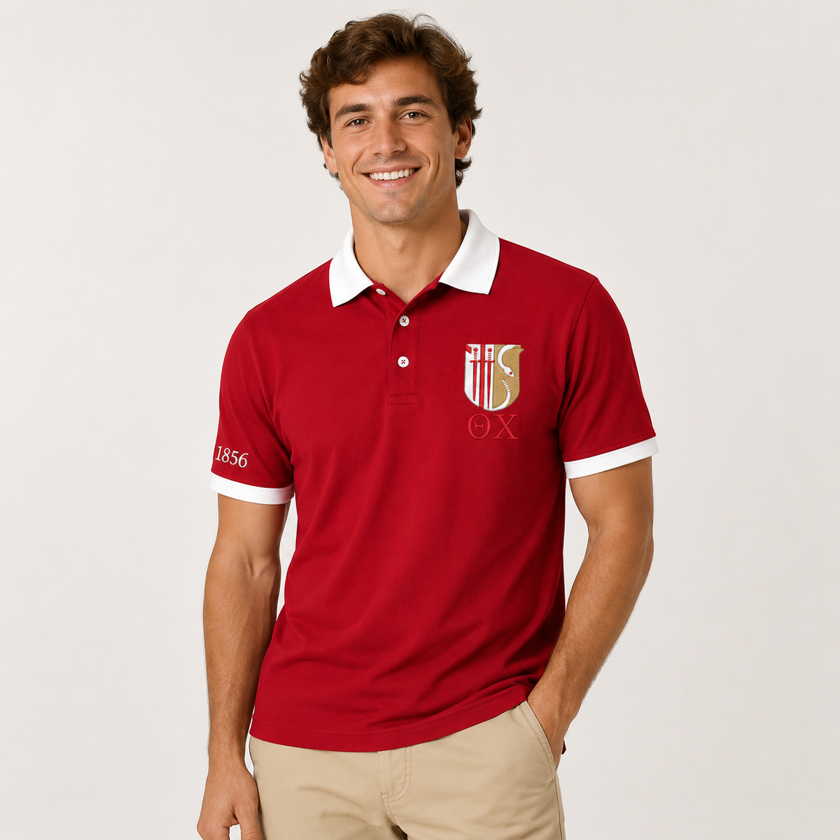 2 Tone Military Red & White Theta Chi Custom Embroidered Polo Shirt – Personalized