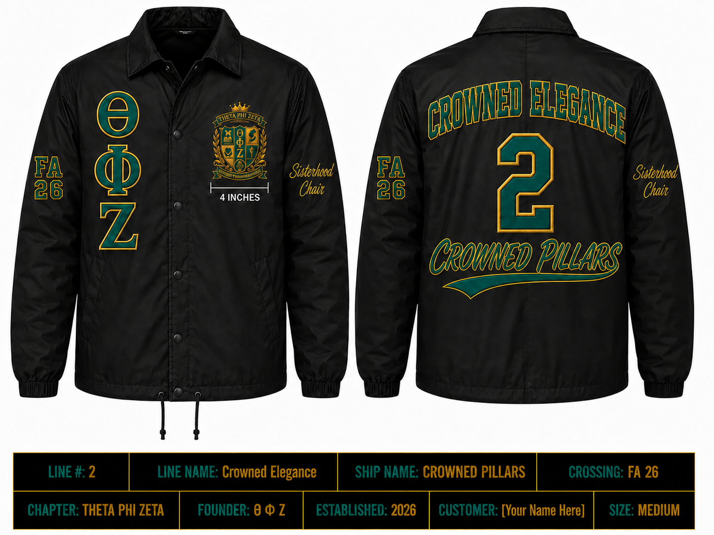 Custom personalized black embroidered jacket with front back and sleeve embroidery