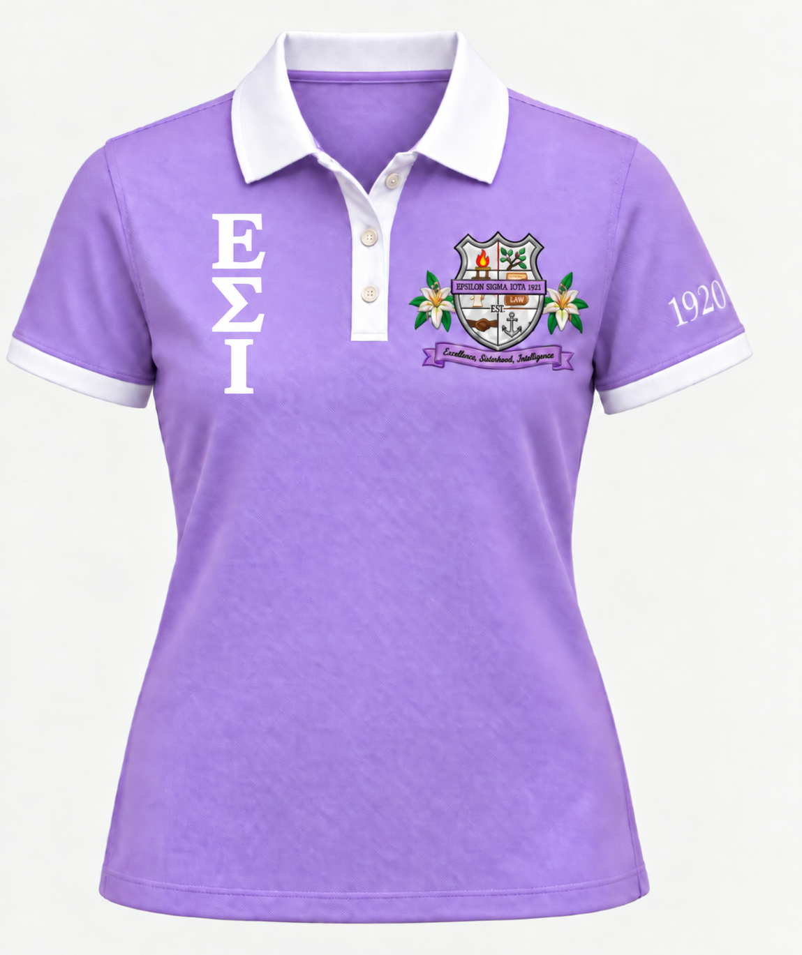 Epsilon Sigma Iota lavender polo with white trim, vertical Greek letters, crest, and 1920 sleeve detail
