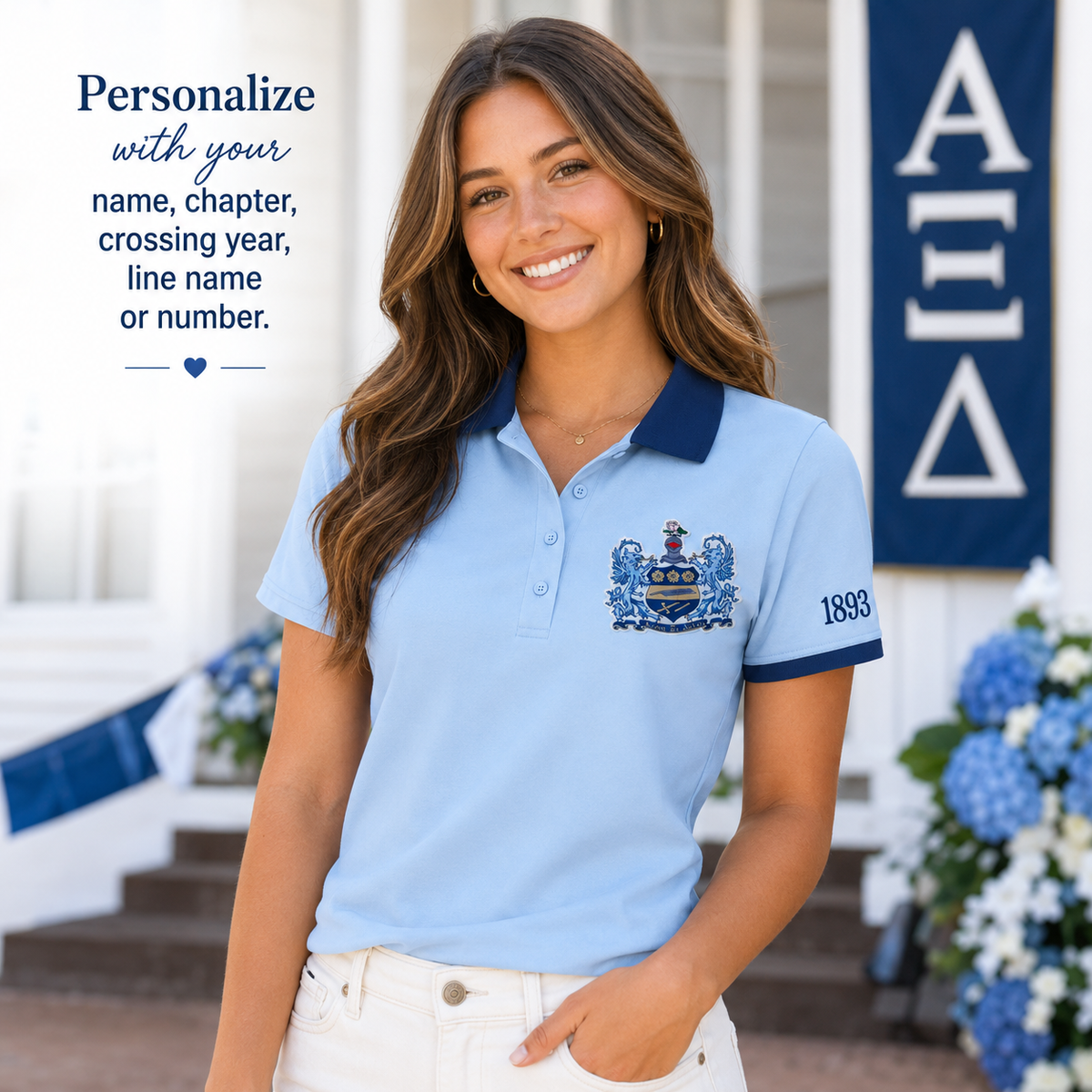 2 Tone Light Blue & Dark Blue Alpha Xi Delta Custom Embroidered Polo Shirt – Personalized