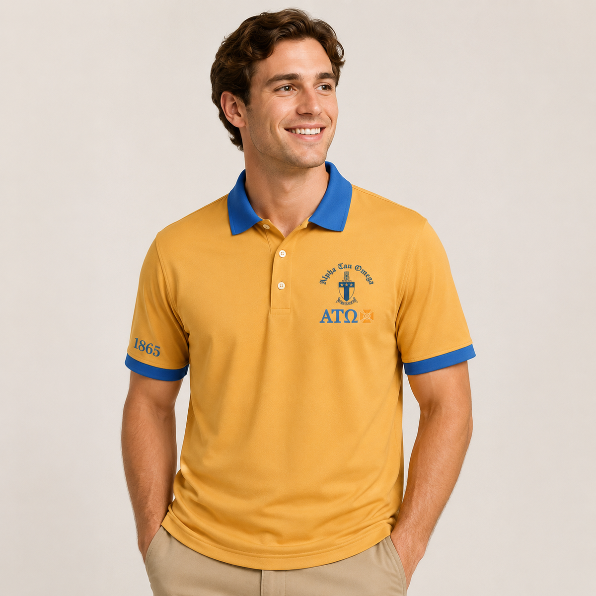 2 Tone Old Gold & Azure Blue Alpha Tau Omega Custom Embroidered Polo Shirt – Personalized