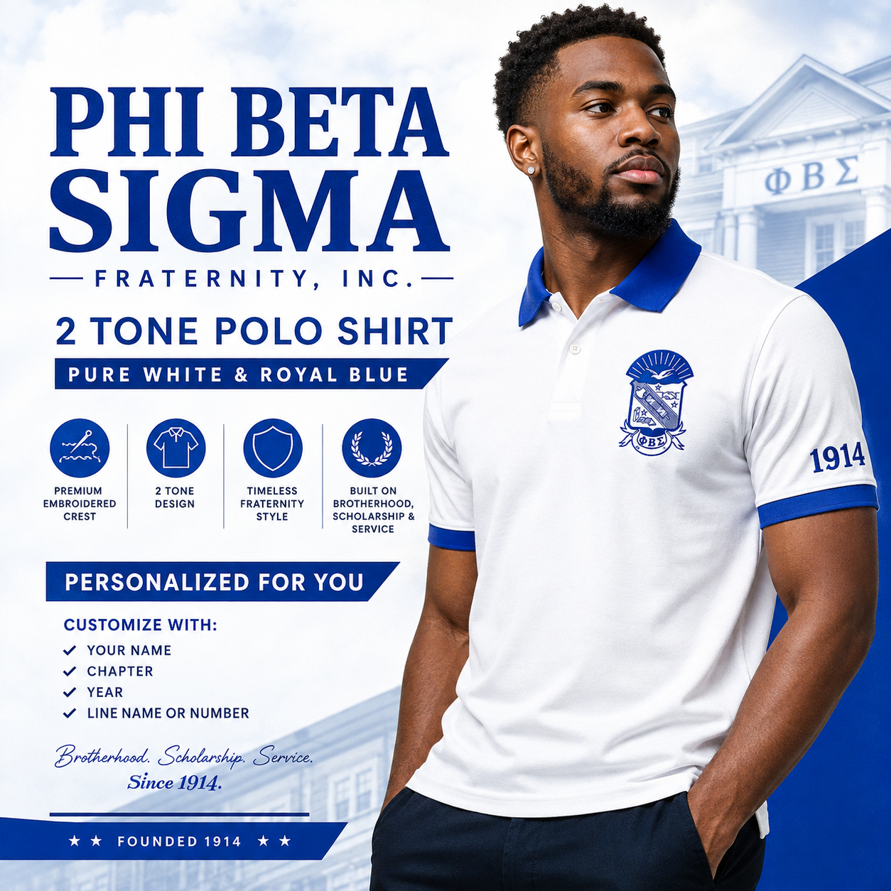 2 Tone Pure White & Royal Blue Phi Beta Sigma Embroidered Polo Shirt – Personalized Fraternity Polo