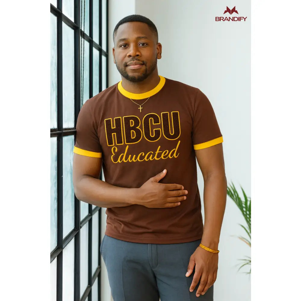 Custom Custom HBCU Men’s Brown/Gold Chenille Tee | Custom D9 personalized Greek apparel design
