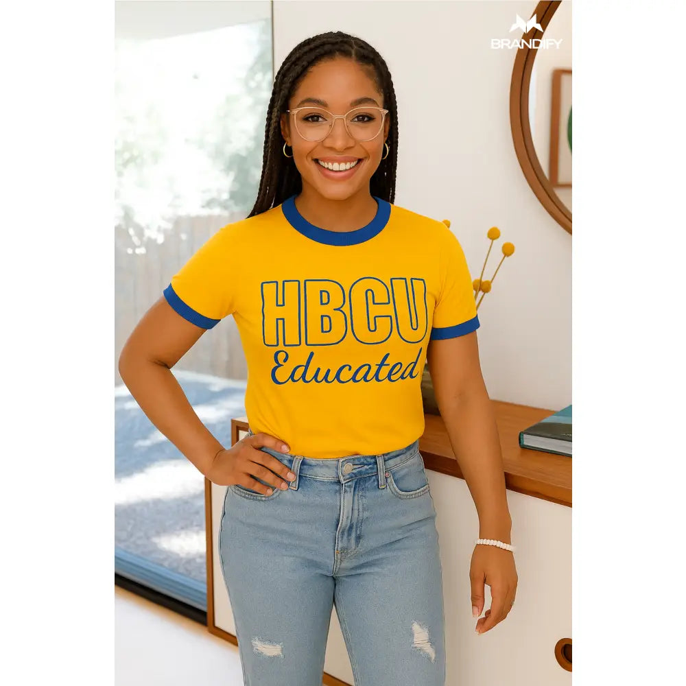 Custom Custom HBCU Women’s Blue/Gold Chenille Tee | Custom D9 personalized Greek apparel design