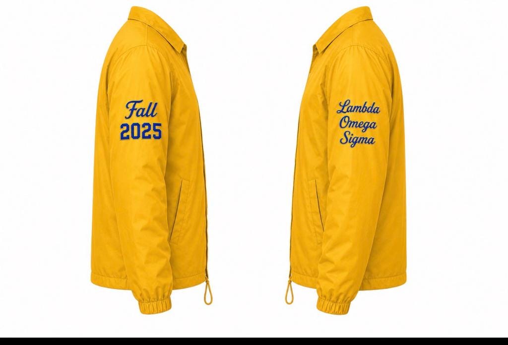 Custom Sigma Gamma Rho gold line jacket sleeve embroidery with crossing year and chapter information