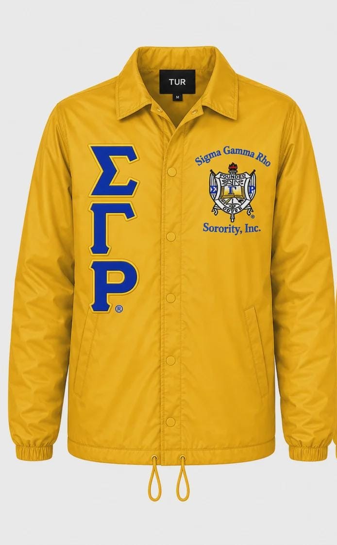 Custom Sigma Gamma Rho gold embroidered line jacket front with crest and vertical Greek letters