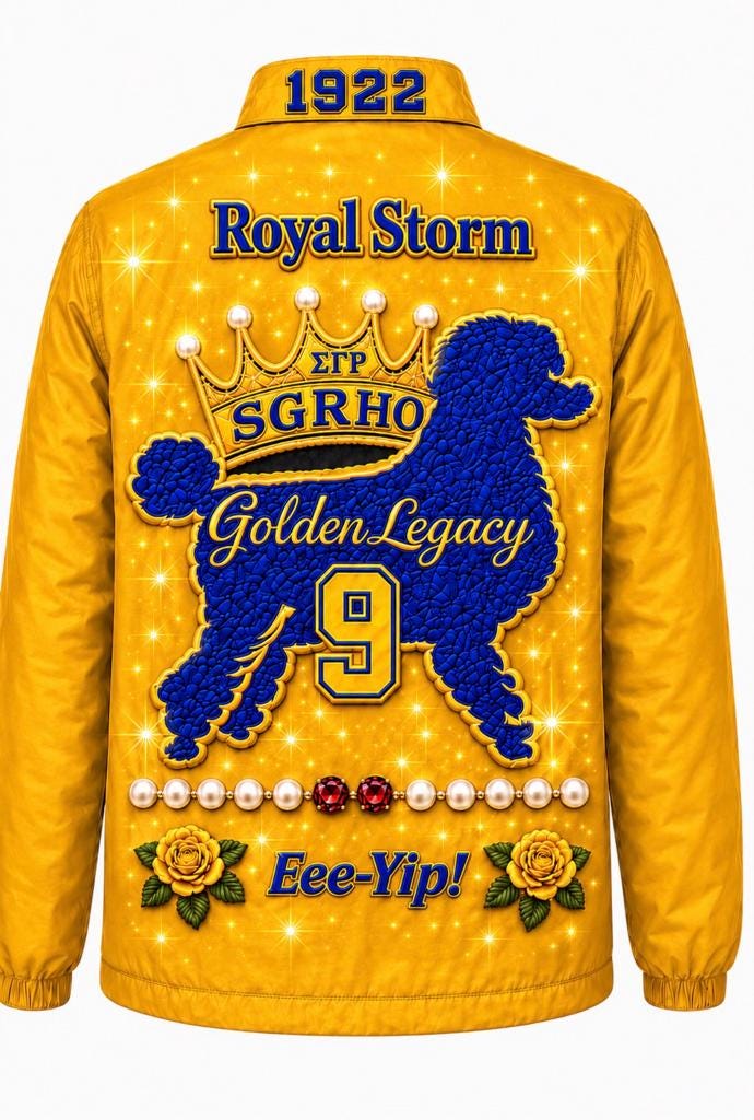 Custom Sigma Gamma Rho gold line jacket back with Royal Storm Golden Legacy poodle and personalized embroidery