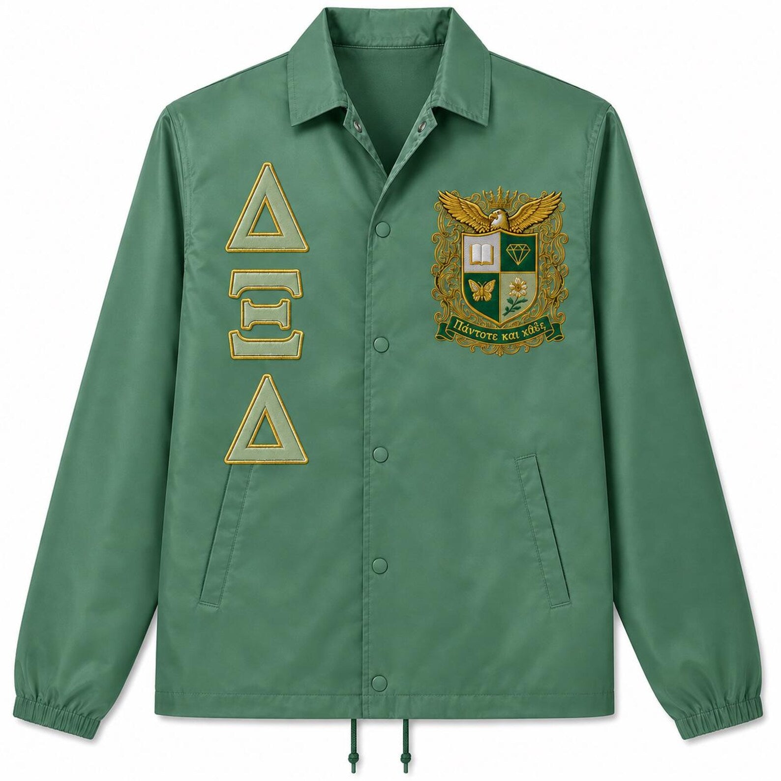 Pea green personalized sorority line jacket with embroidered crest and Greek letters