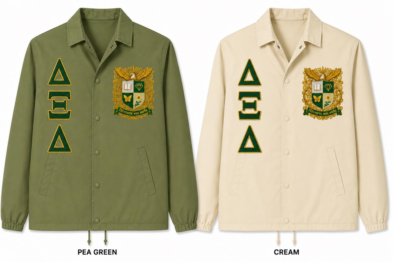 Custom embroidered sorority line jackets in pea green and cream