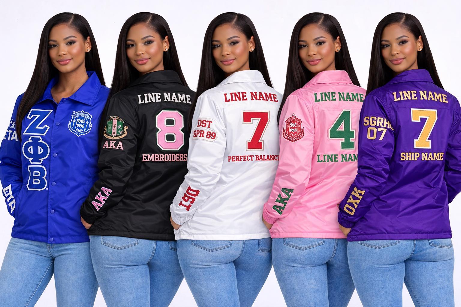 Royal Blue / White Alpha Kappa Alpha Coach Line Jacket with personalized front, back, and sleeve embroidery