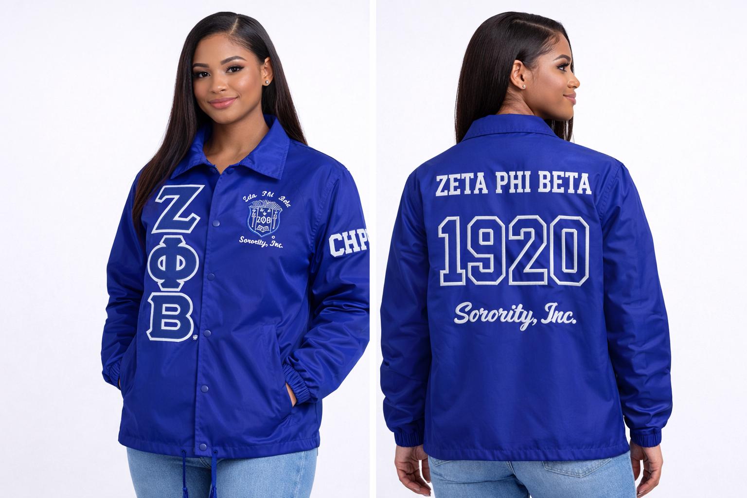 Red Zeta Phi Beta Coach Line Jacket with personalized front, back, and sleeve embroidery