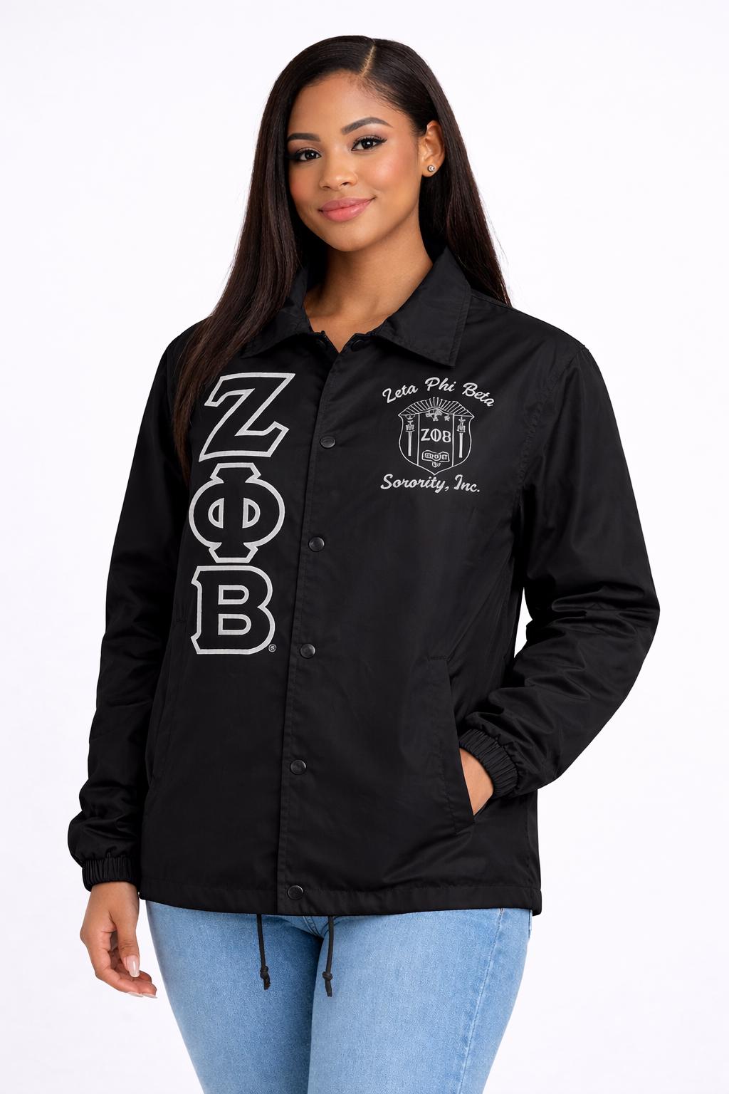 Black / Red Zeta Phi Beta Coach Line Jacket with personalized front, back, and sleeve embroidery