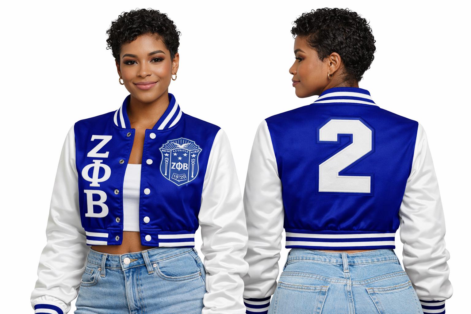 White / Red Zeta Phi Beta Cropped Line Jacket with personalized front, back, and sleeve embroidery