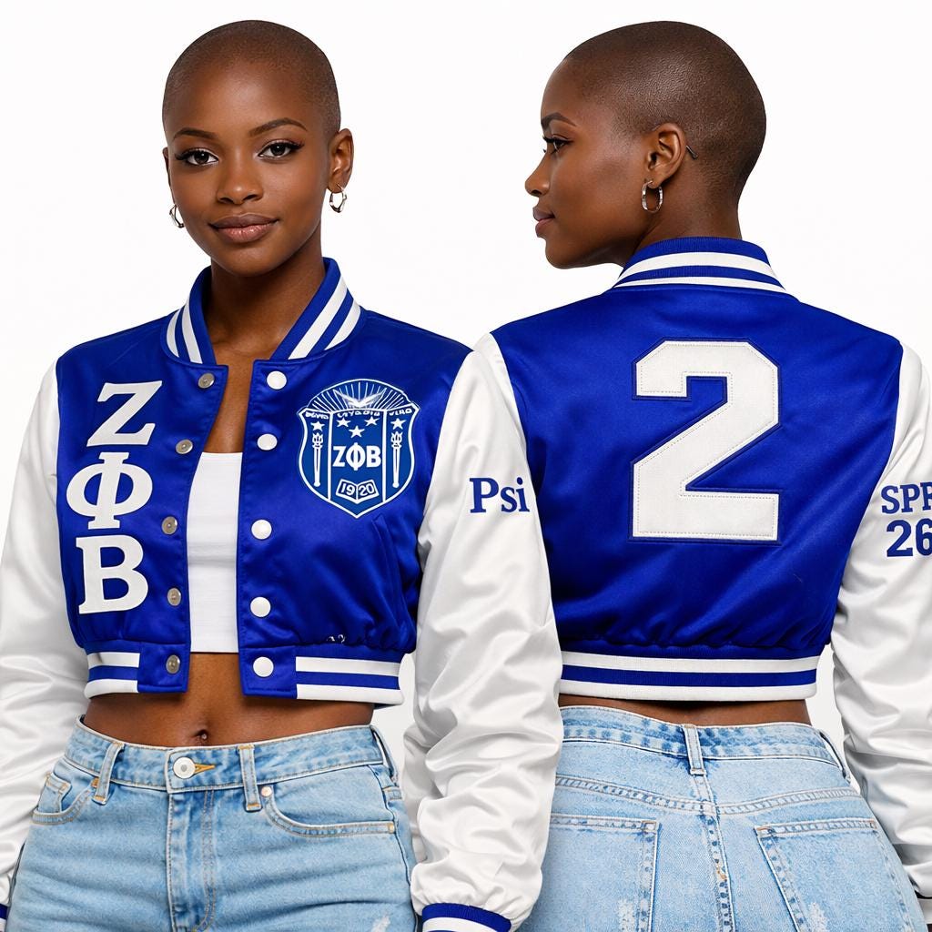 White / Red Zeta Phi Beta Cropped Line Jacket with personalized front, back, and sleeve embroidery