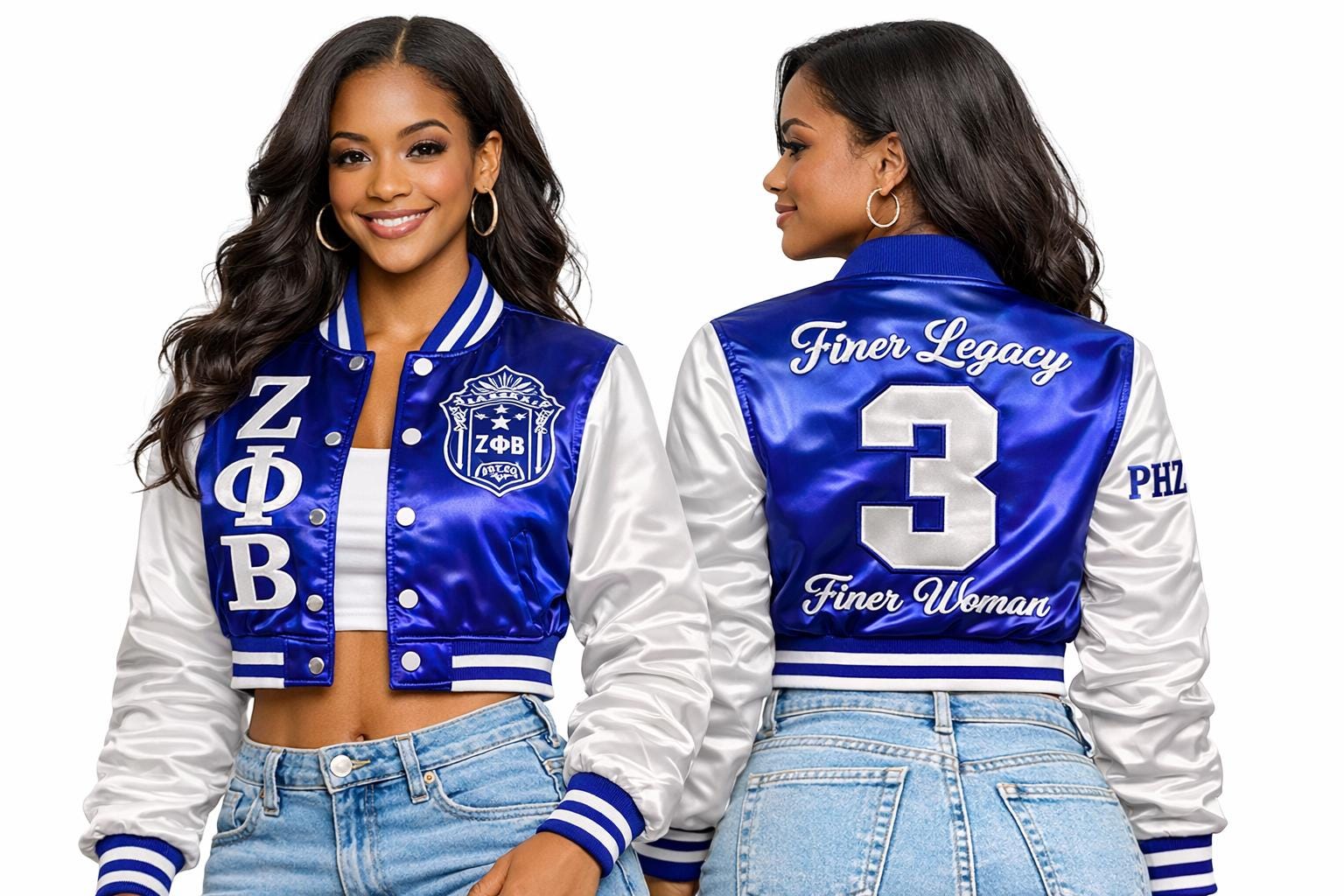 White / Red Zeta Phi Beta Cropped Line Jacket with personalized front, back, and sleeve embroidery