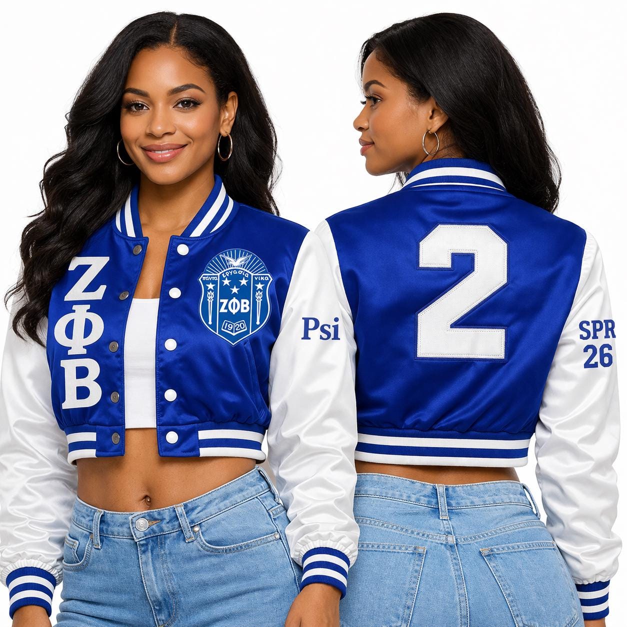 White / Red Zeta Phi Beta Cropped Line Jacket with personalized front, back, and sleeve embroidery