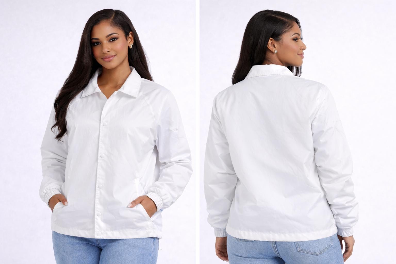 White / Red Zeta Phi Beta Coach Line Jacket with personalized front, back, and sleeve embroidery