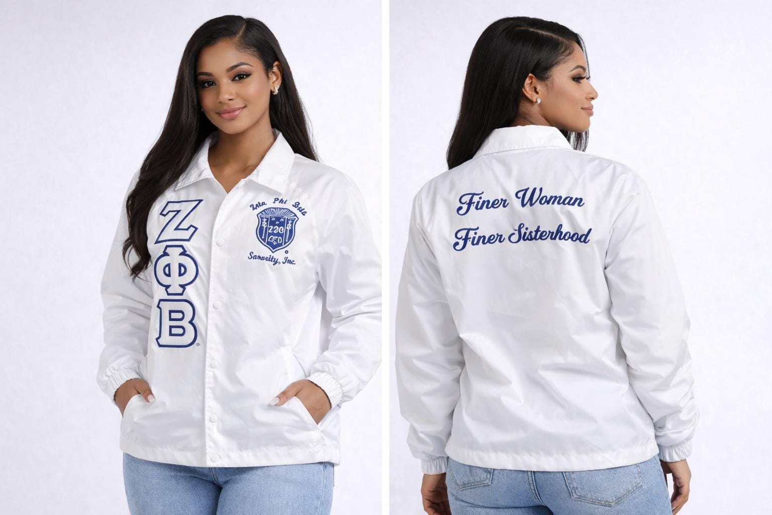 White / Red Zeta Phi Beta Coach Line Jacket with personalized front, back, and sleeve embroidery