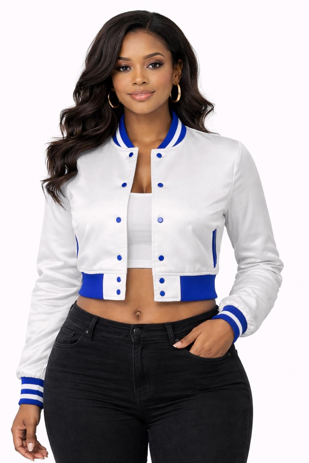 White / Red Zeta Phi Beta Cropped Line Jacket with personalized front, back, and sleeve embroidery