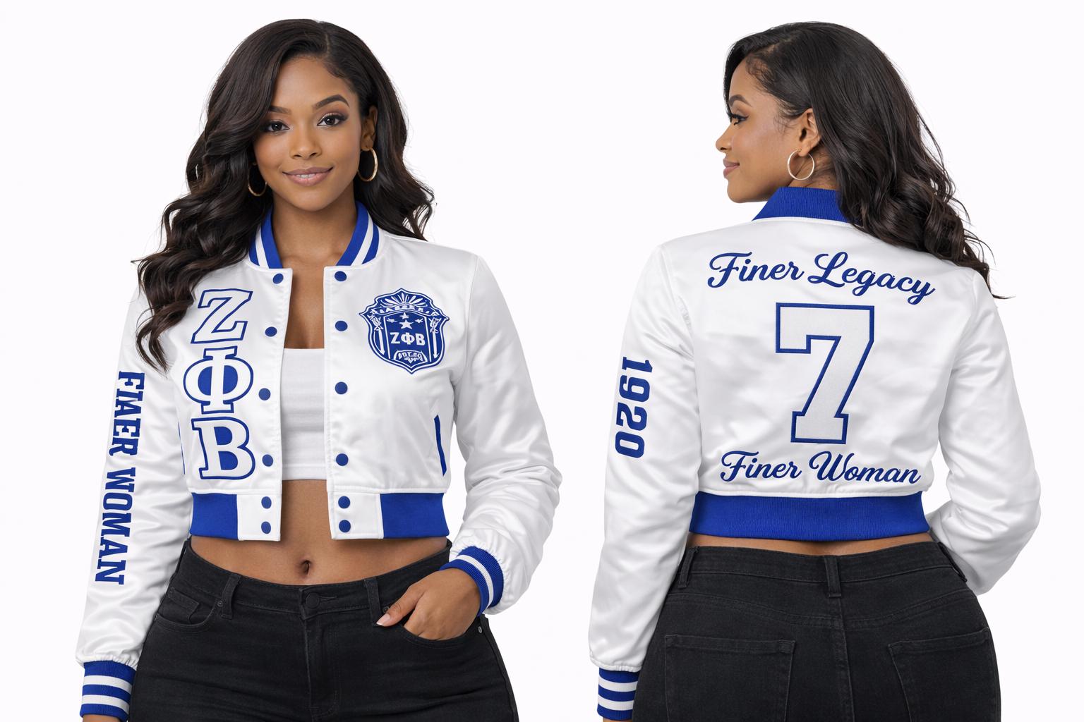 White / Red Zeta Phi Beta Cropped Line Jacket with personalized front, back, and sleeve embroidery