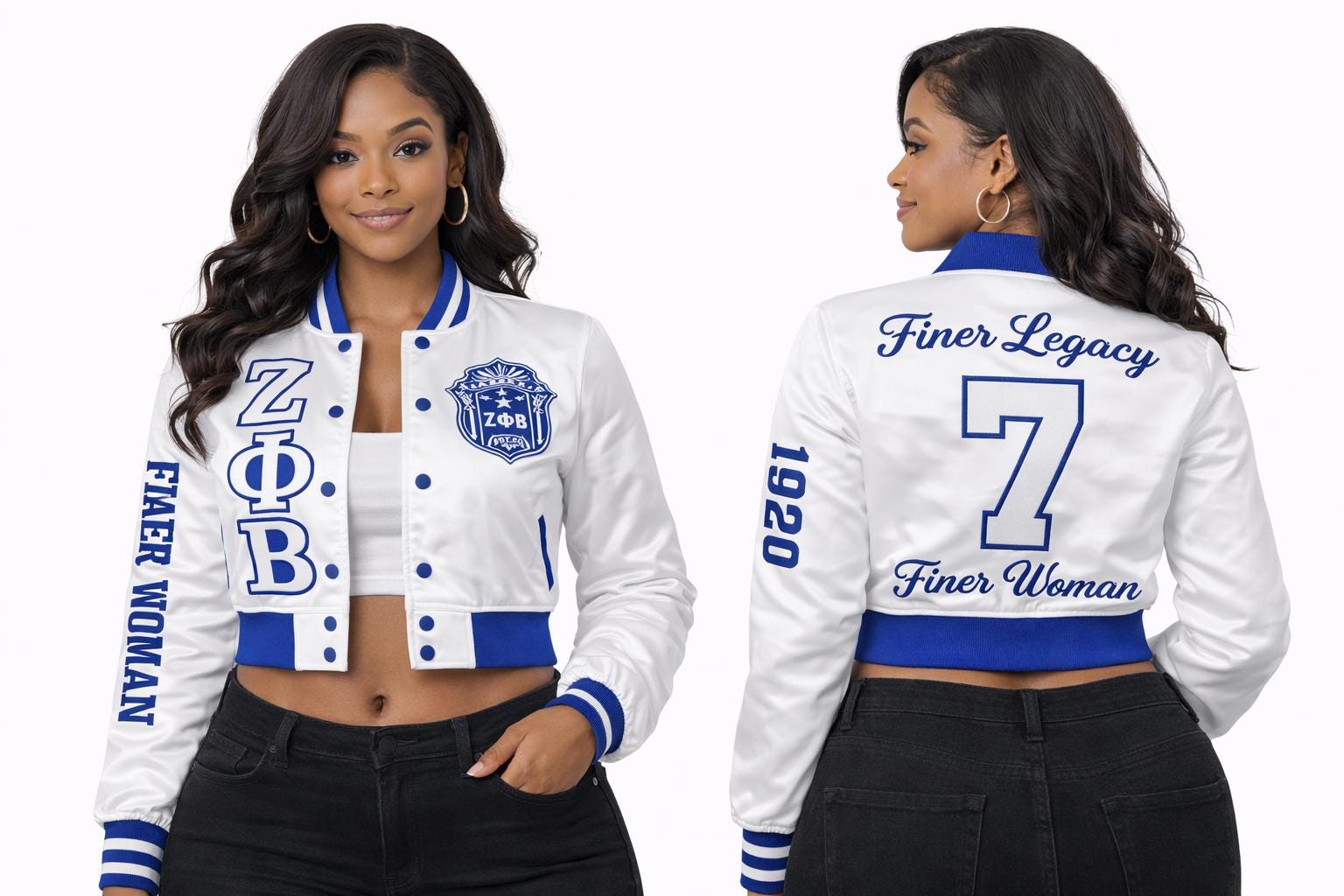 White / Red Zeta Phi Beta Cropped Line Jacket with personalized front, back, and sleeve embroidery