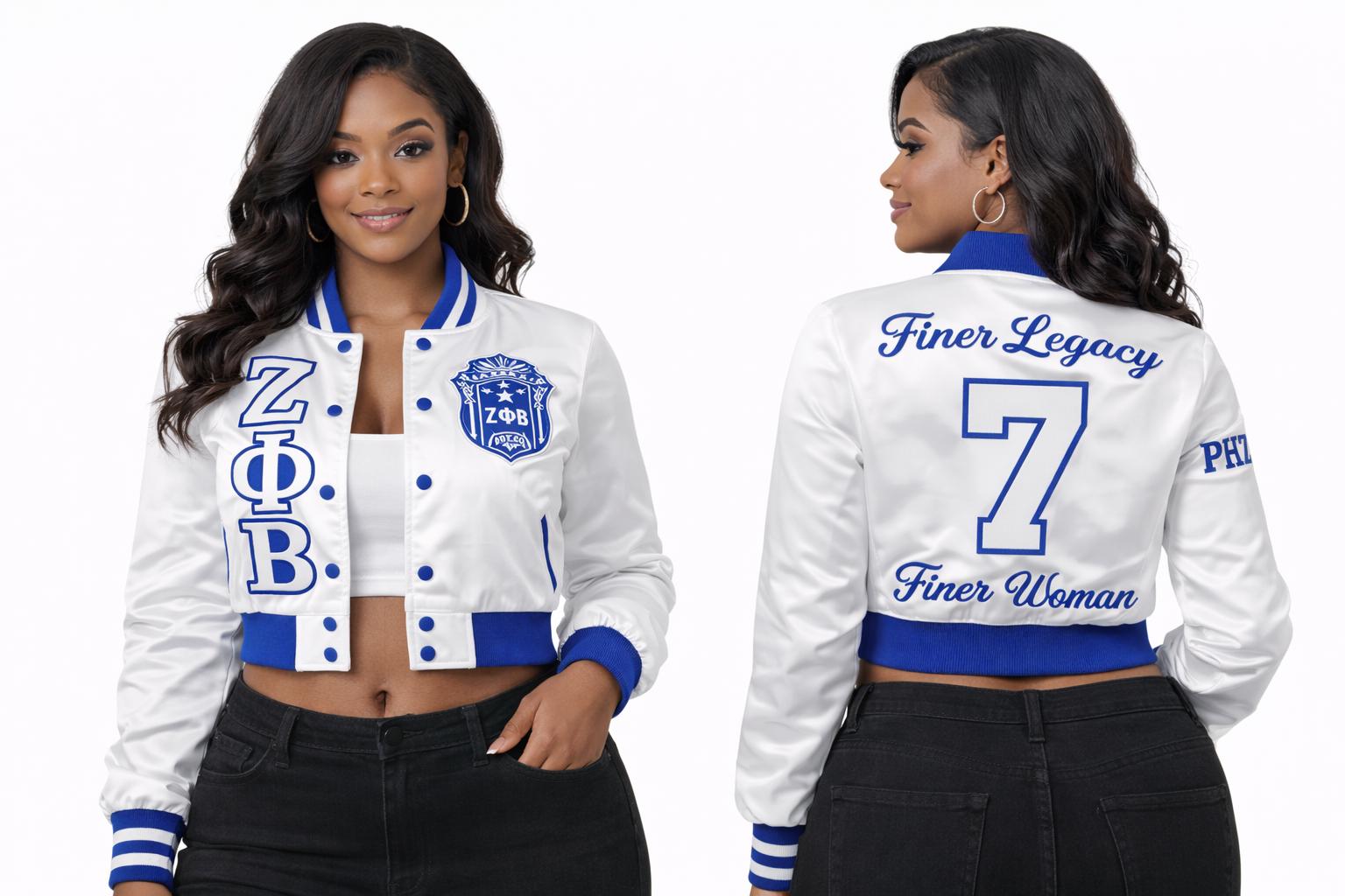 White / Red Zeta Phi Beta Cropped Line Jacket with personalized front, back, and sleeve embroidery