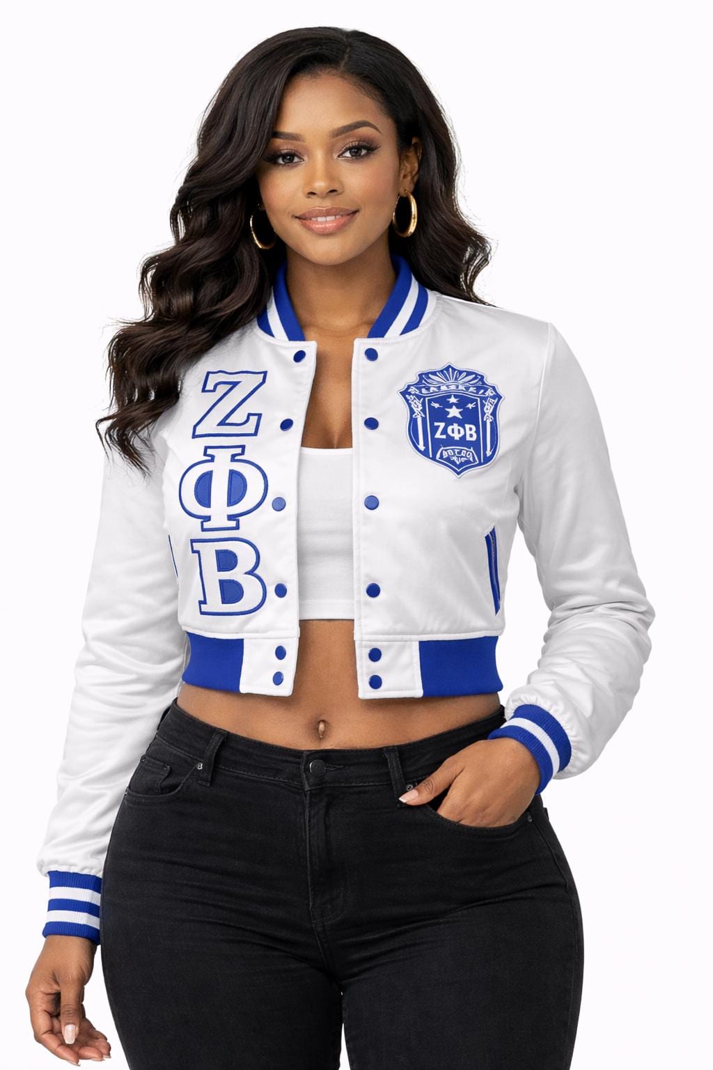 White / Red Zeta Phi Beta Cropped Line Jacket with personalized front, back, and sleeve embroidery