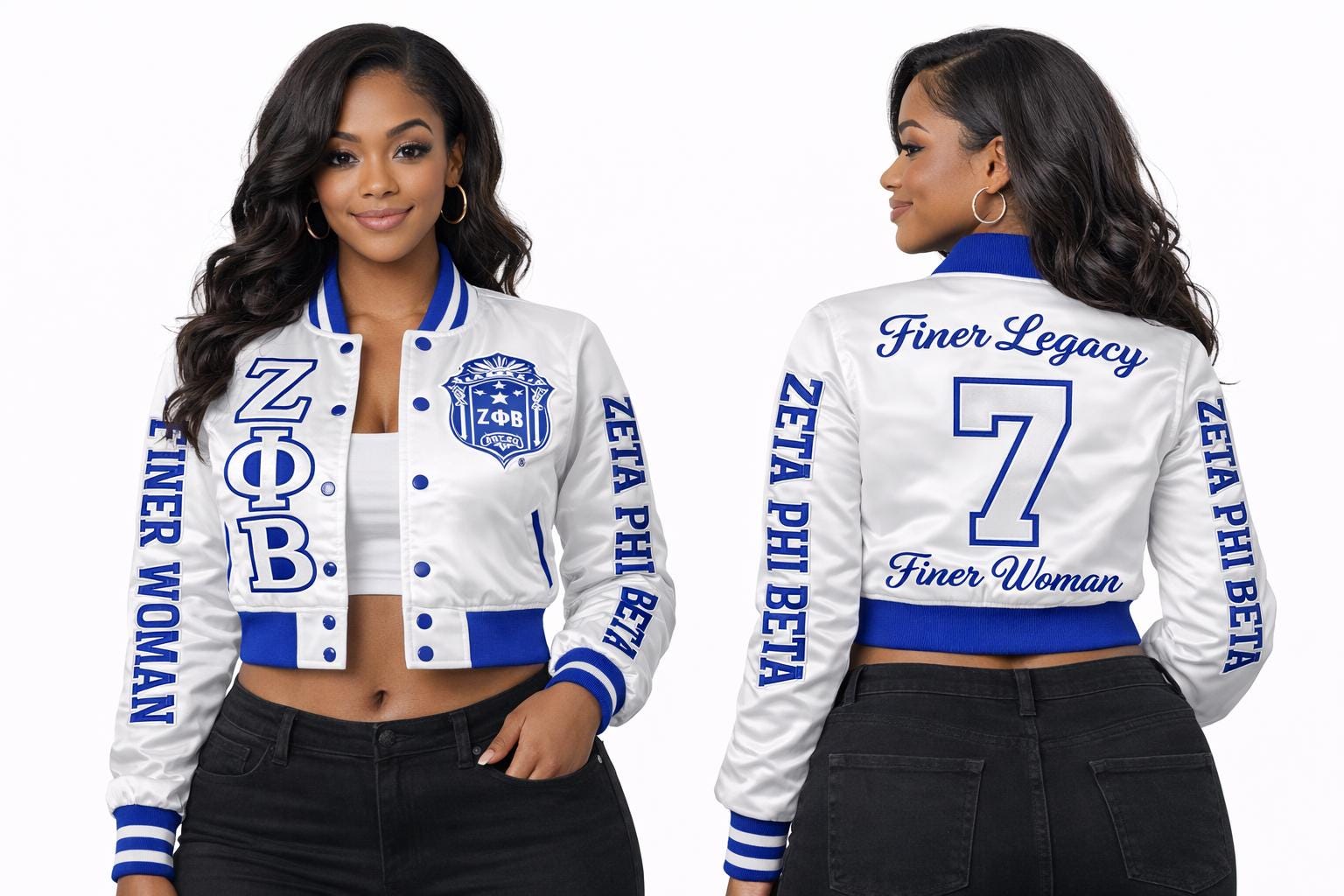 White / Red Zeta Phi Beta Cropped Line Jacket with personalized front, back, and sleeve embroidery