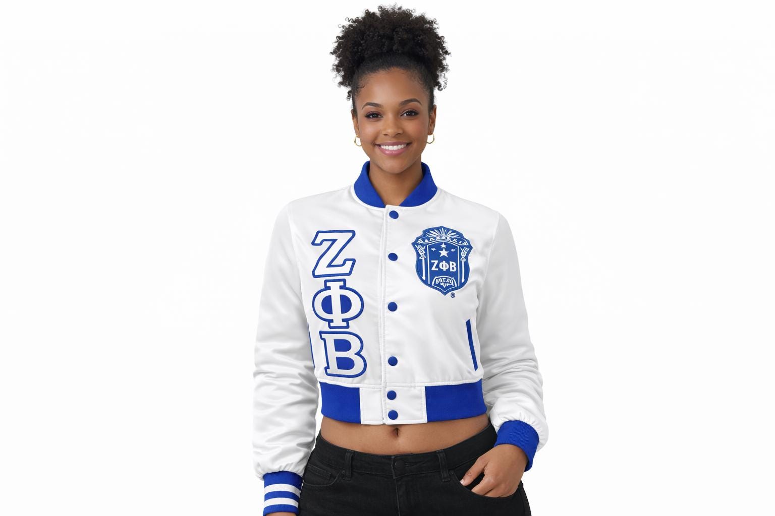 White / Red Zeta Phi Beta Cropped Line Jacket with personalized front, back, and sleeve embroidery