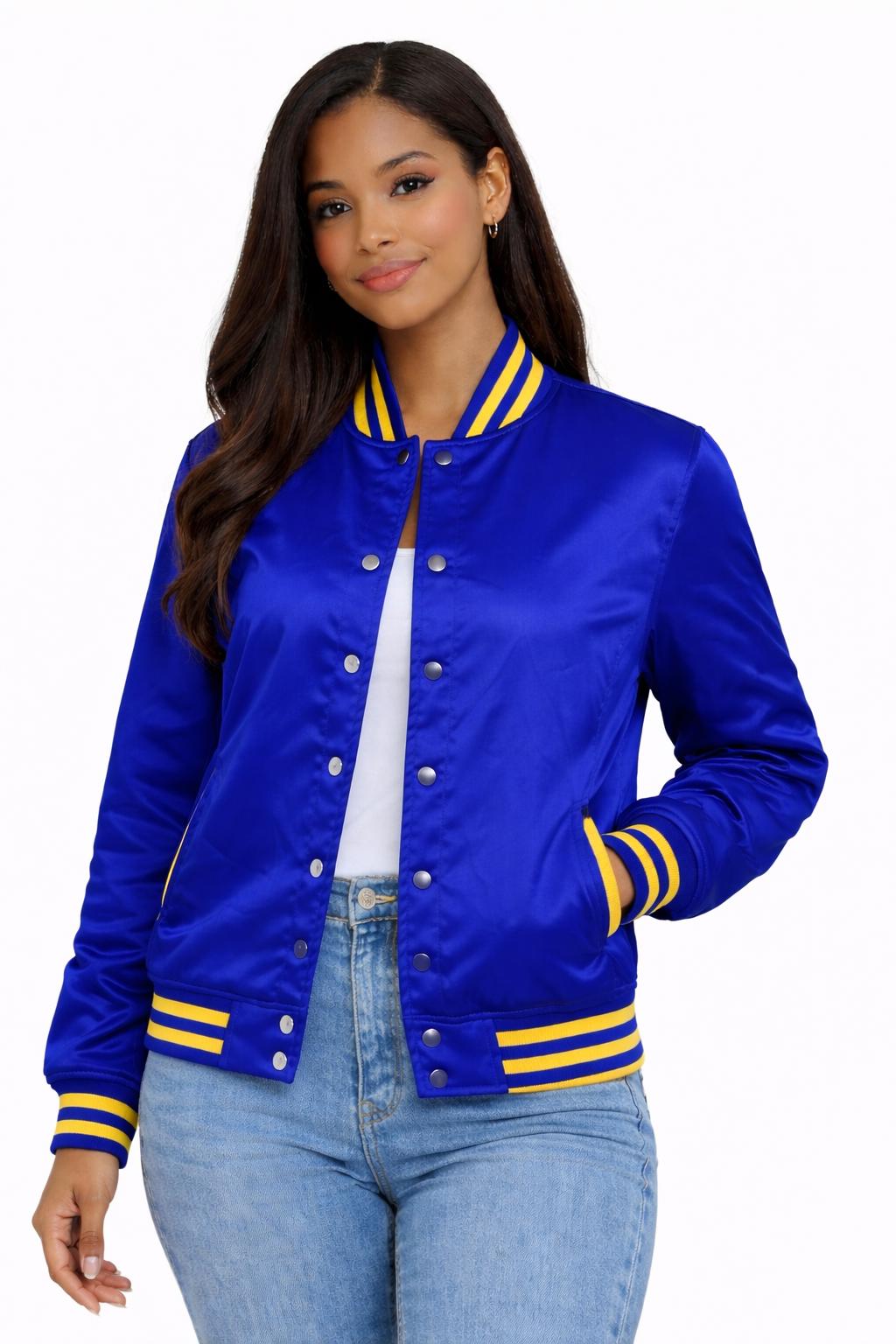 Royal Blue / Gold Sigma Gamma Rho Satin Line Jacket with personalized front, back, and sleeve embroidery