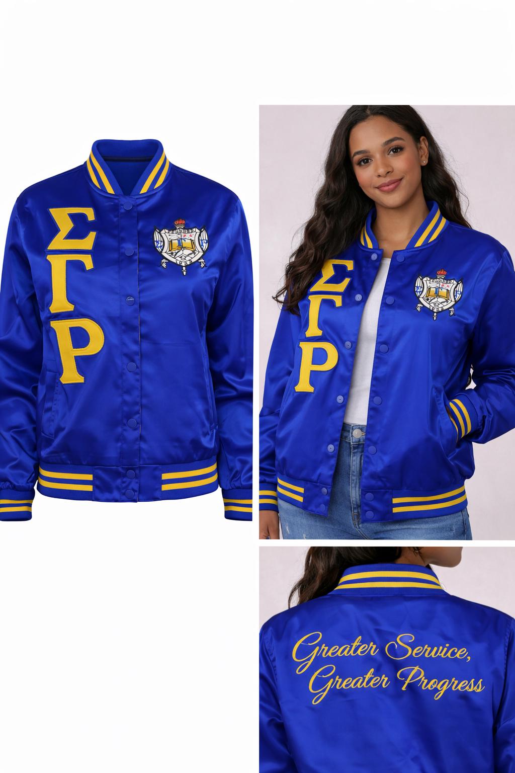 Royal Blue / Gold Sigma Gamma Rho Satin Line Jacket with personalized front, back, and sleeve embroidery