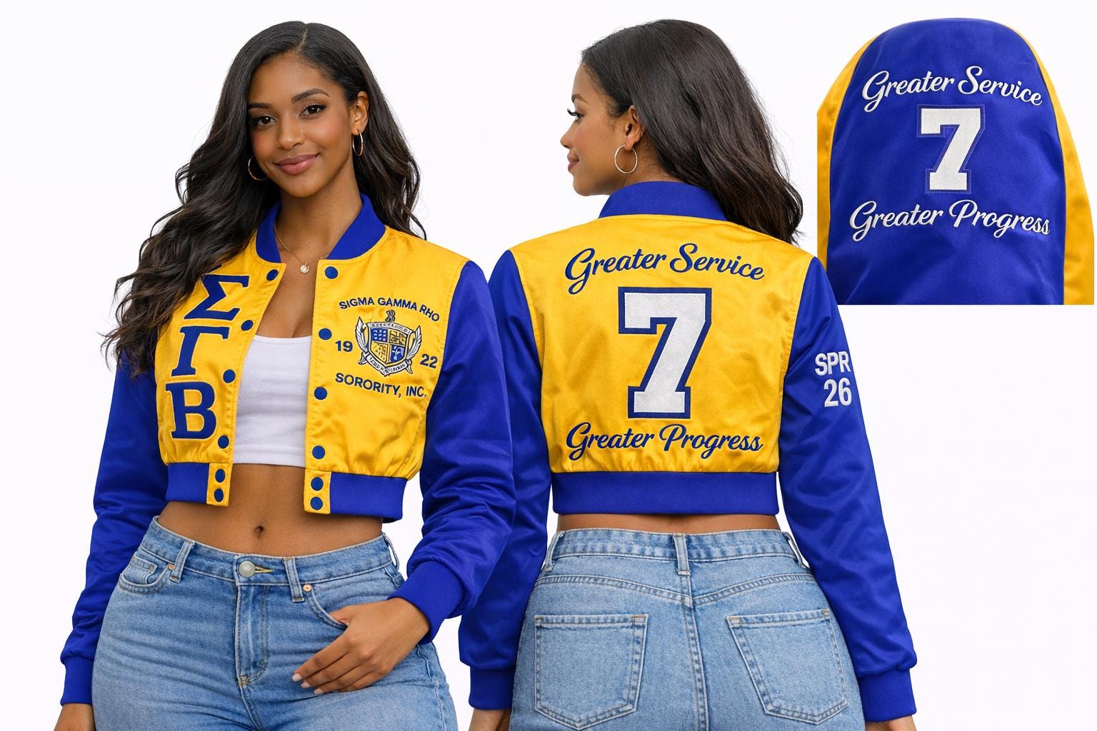 Royal Blue / Gold Sigma Gamma Rho Cropped Line Jacket with personalized front, back, and sleeve embroidery