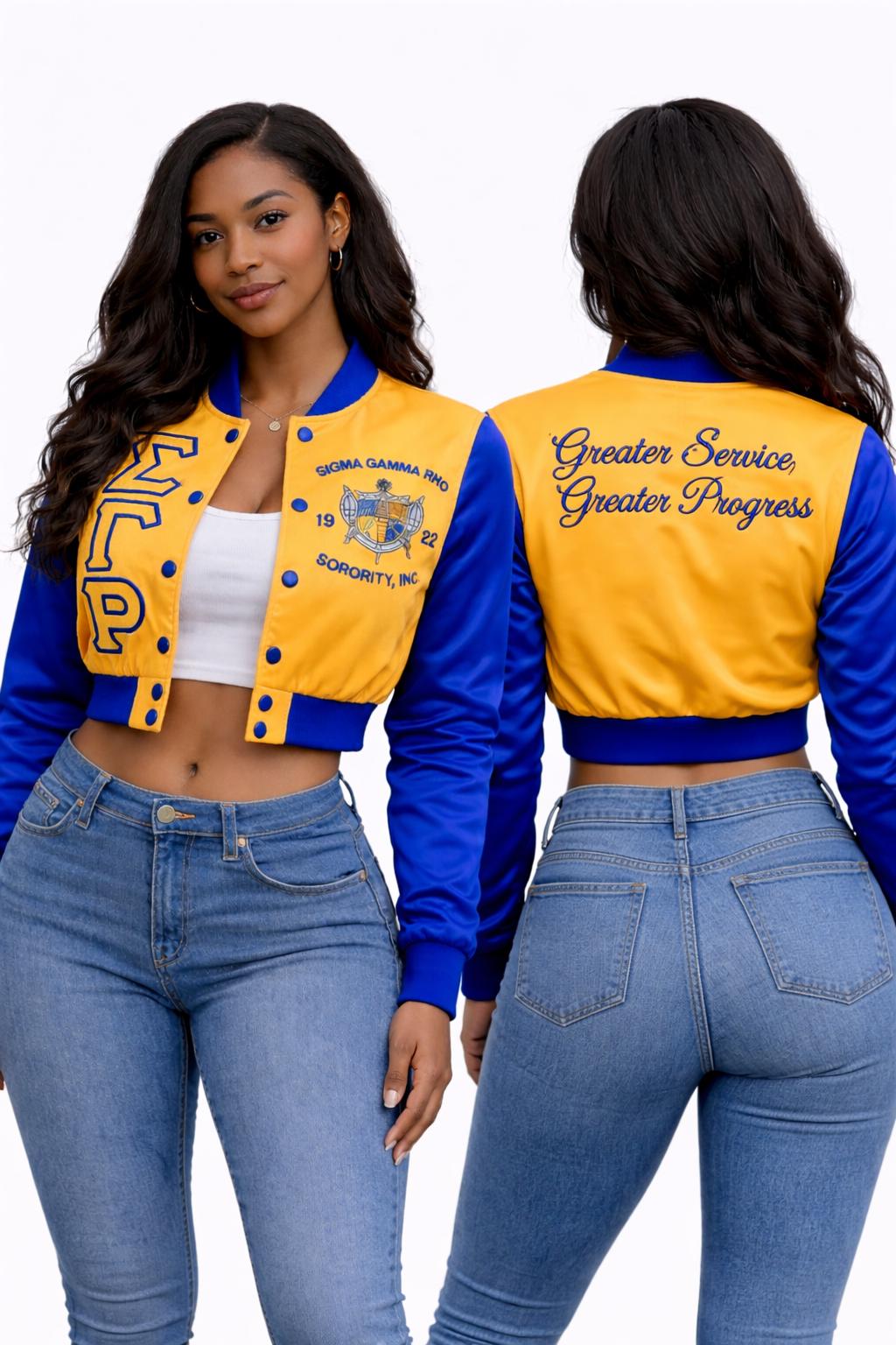 Royal Blue / Gold Sigma Gamma Rho Cropped Line Jacket with personalized front, back, and sleeve embroidery