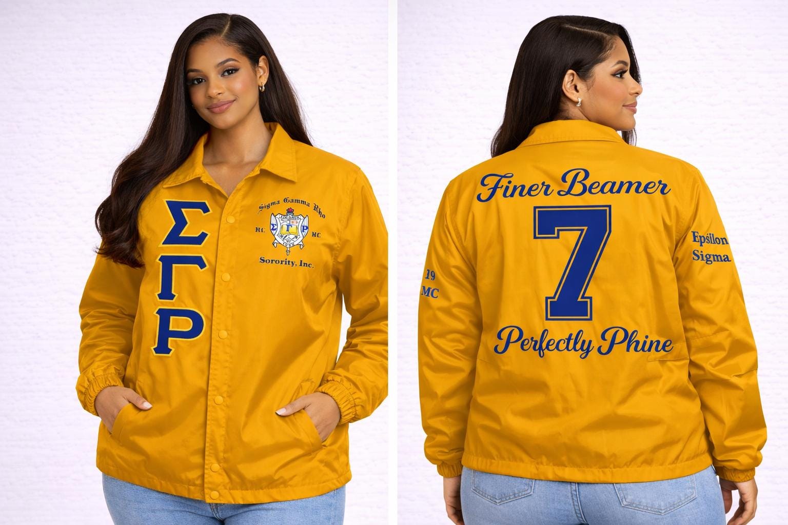 Red Sigma Gamma Rho Coach Line Jacket with personalized front, back, and sleeve embroidery